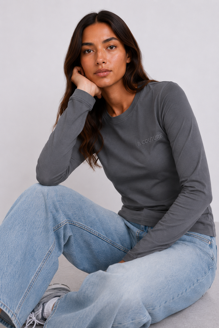 Fitted Long Sleeve Stretch Cotton T-Shirt - Grey