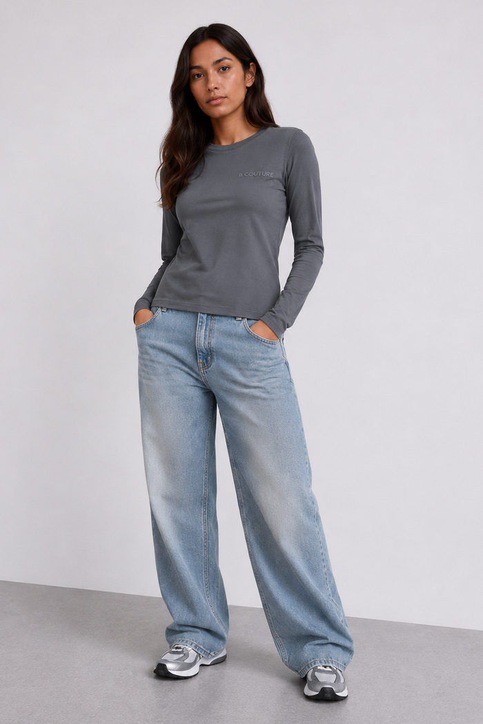 Fitted Long Sleeve Stretch Cotton T-Shirt - Grey
