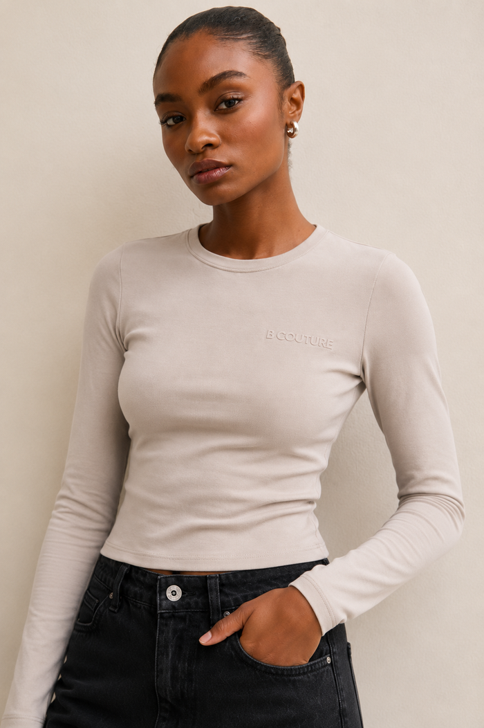 Fitted Long Sleeve Stretch Cotton T-Shirt - Stone