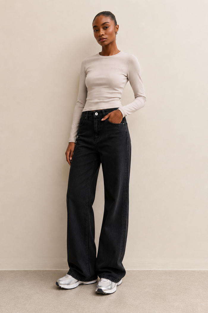 Fitted Long Sleeve Stretch Cotton T-Shirt - Stone