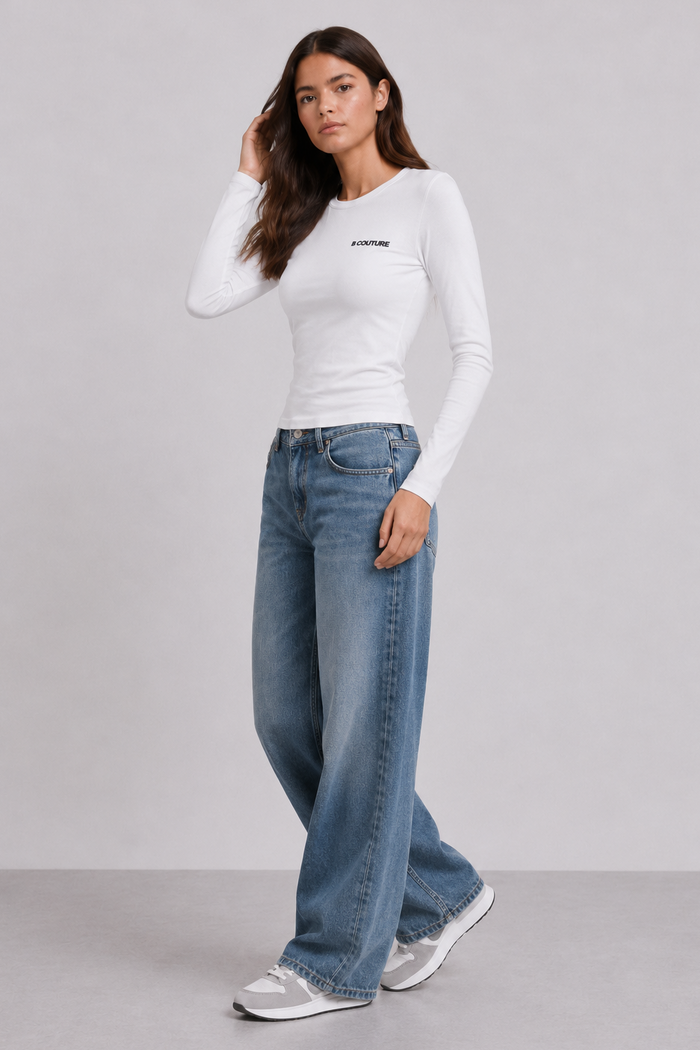 Fitted Long Sleeve Stretch Cotton T-Shirt - White