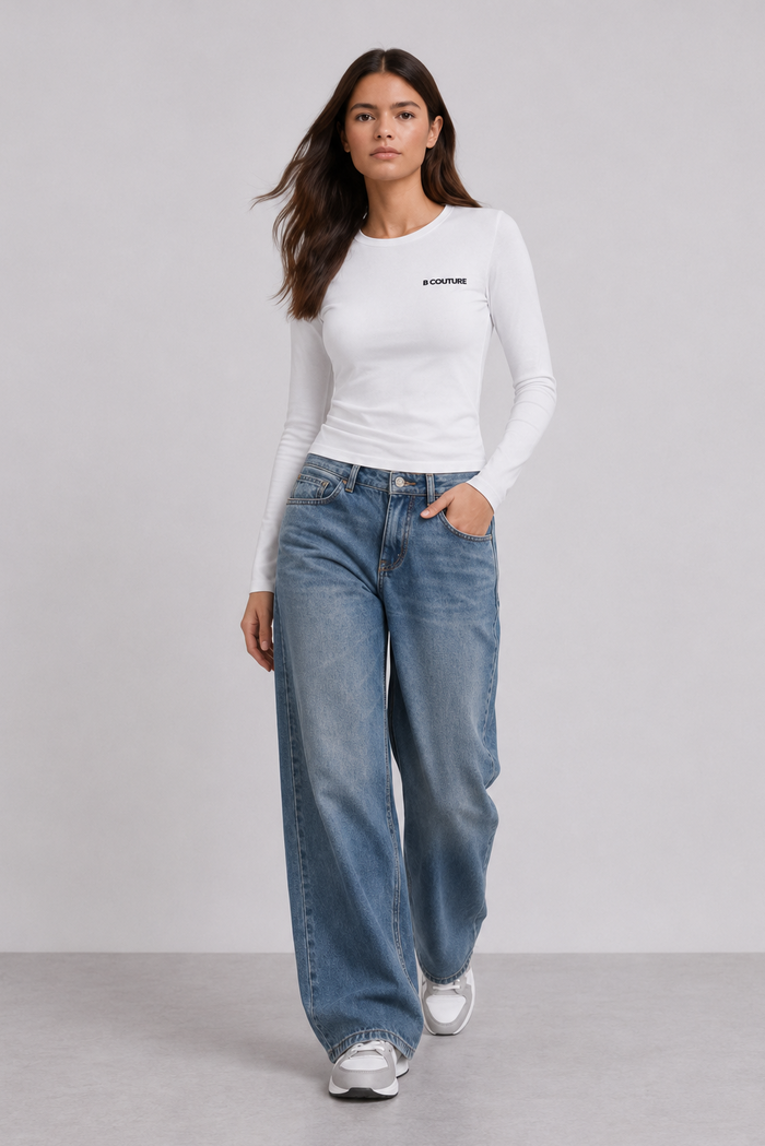 Fitted Long Sleeve Stretch Cotton T-Shirt - White