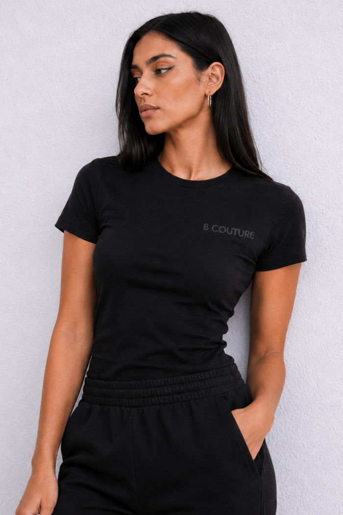 Fitted Short Sleeve Stretch Cotton T-Shirt - Black
