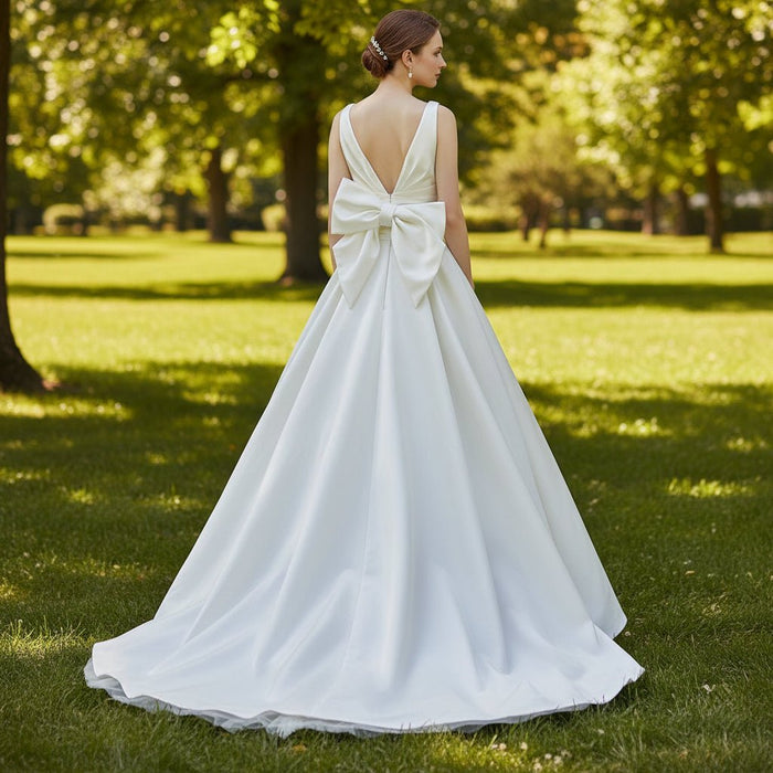 Floor Length Wedding Dress with Double V-Neck Bowknot Back - Rosymae