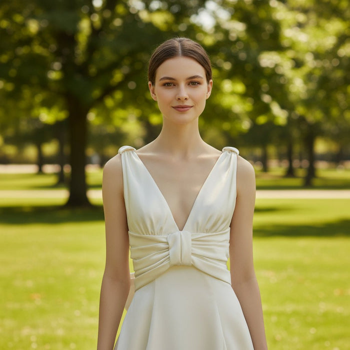 Floor Length Wedding Dress with Double V-Neck Bowknot Back - Rosymae