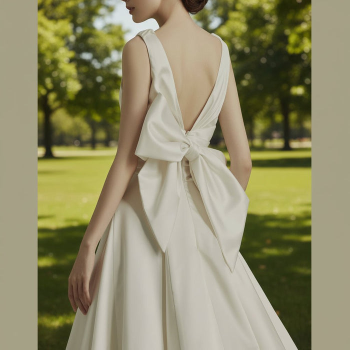 Floor Length Wedding Dress with Double V-Neck Bowknot Back - Rosymae