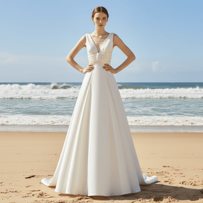 Floor Length Wedding Dress with Double V-Neck Bowknot Back - Rosymae