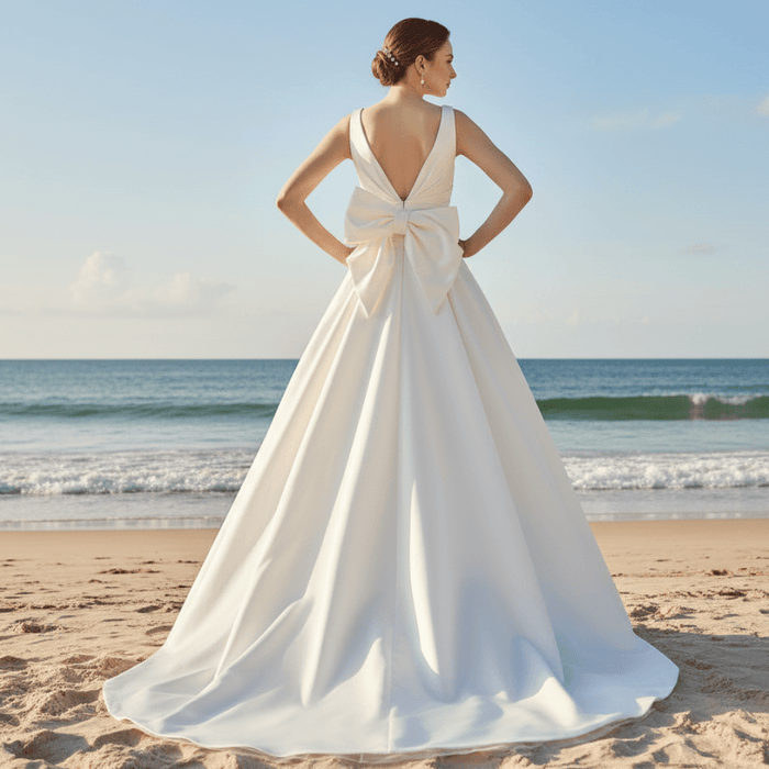 Floor Length Wedding Dress with Double V-Neck Bowknot Back - Rosymae