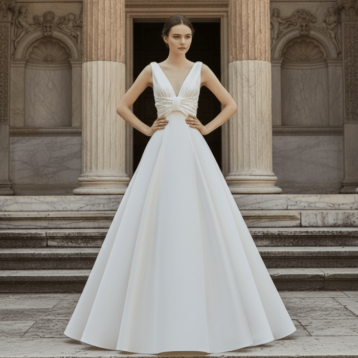 Floor Length Wedding Dress with Double V-Neck Bowknot Back - Rosymae