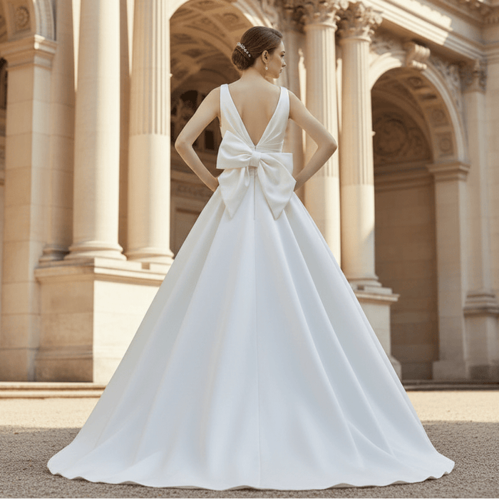 Floor Length Wedding Dress with Double V-Neck Bowknot Back - Rosymae