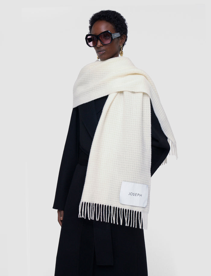 White Flora Waffle Wool Scarf - Joseph