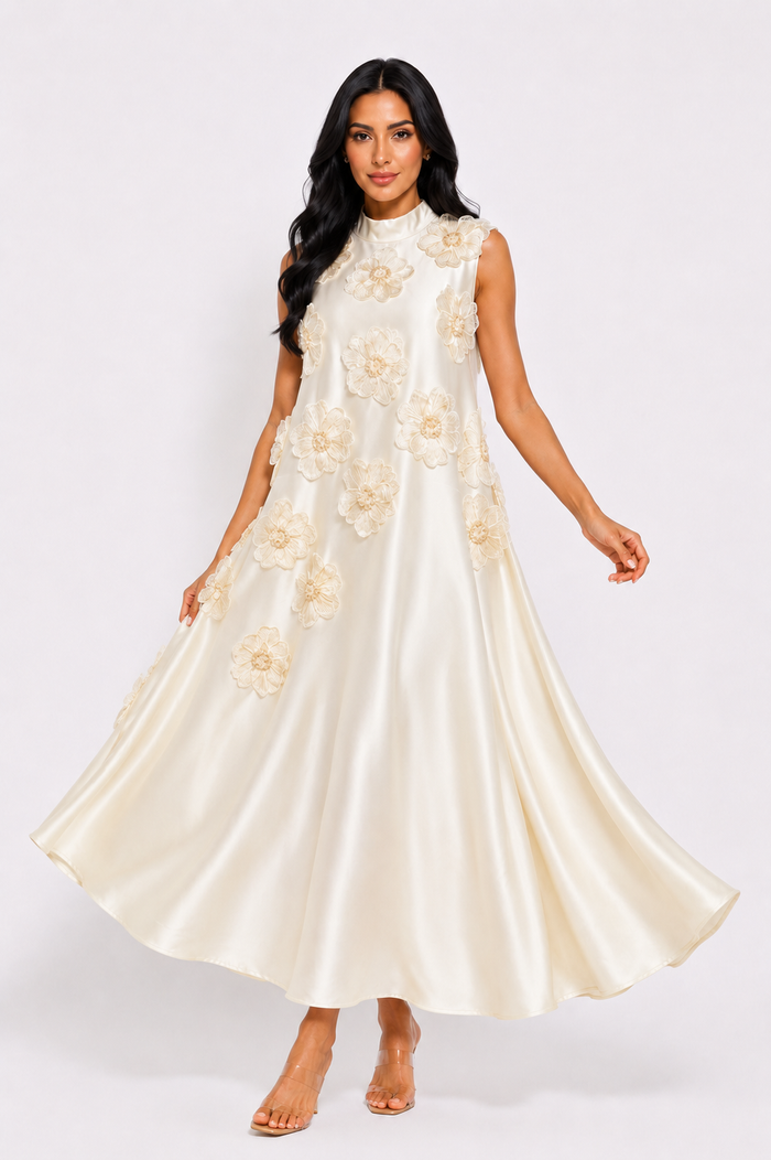 Floral Appliqué Satin A-Line Dress - Champagne