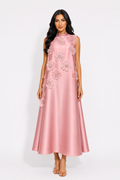 Floral Appliqué Satin A-Line Dress - Champagne
