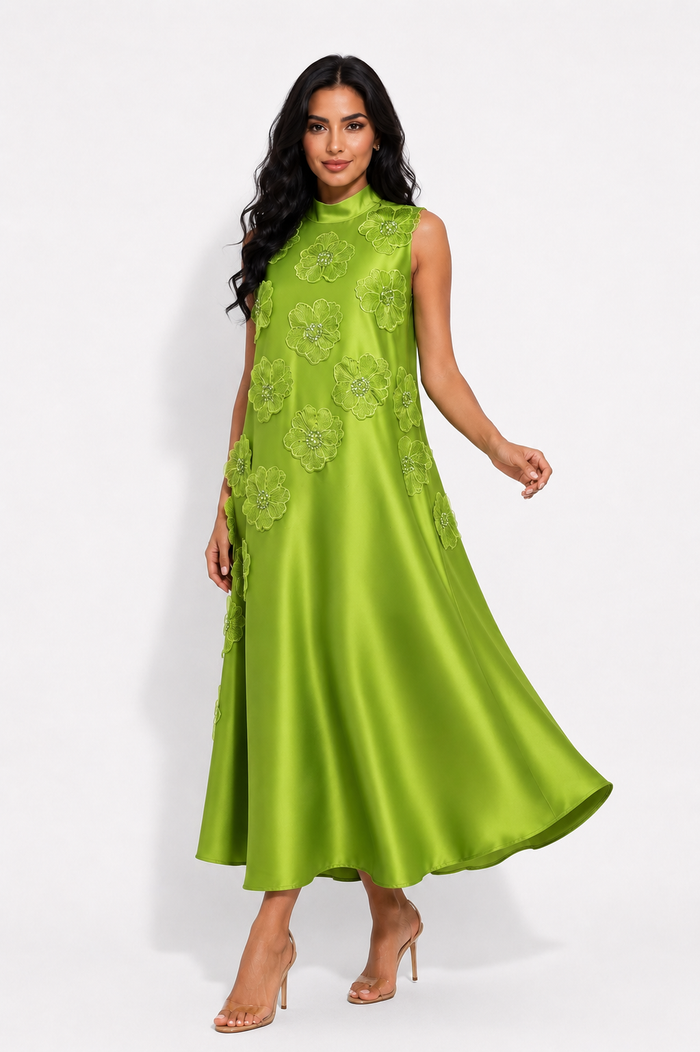 Floral Appliqué Satin A-Line Dress - Champagne