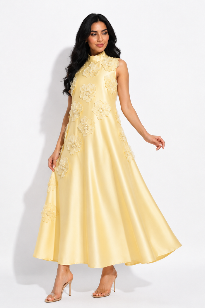 Floral Appliqué Satin A-Line Dress - Champagne