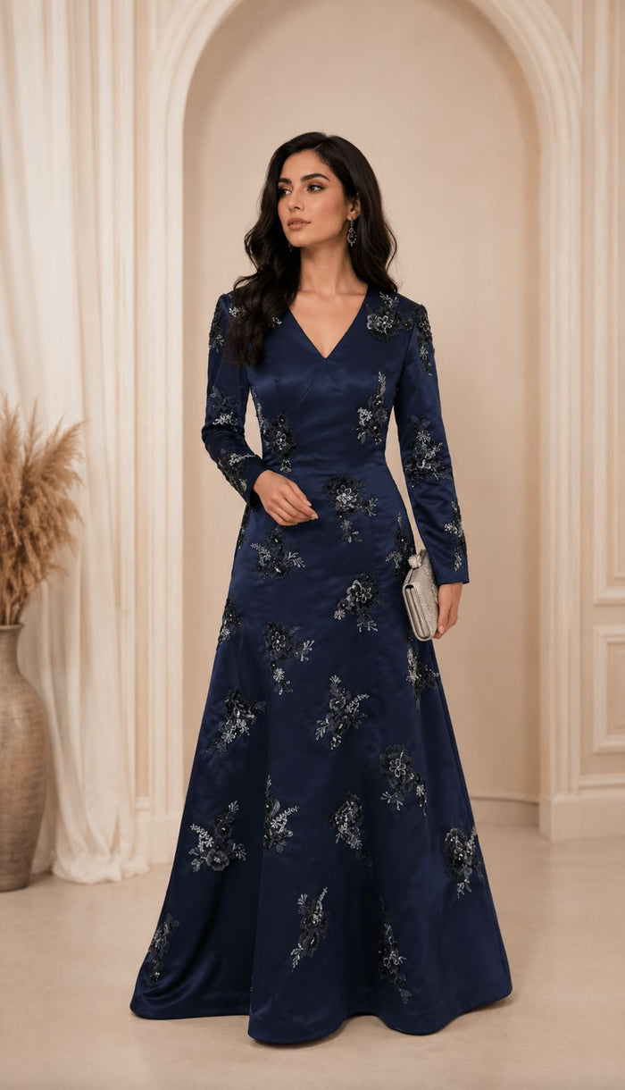Floral Embroidered Satin Evening Gown - NOLE