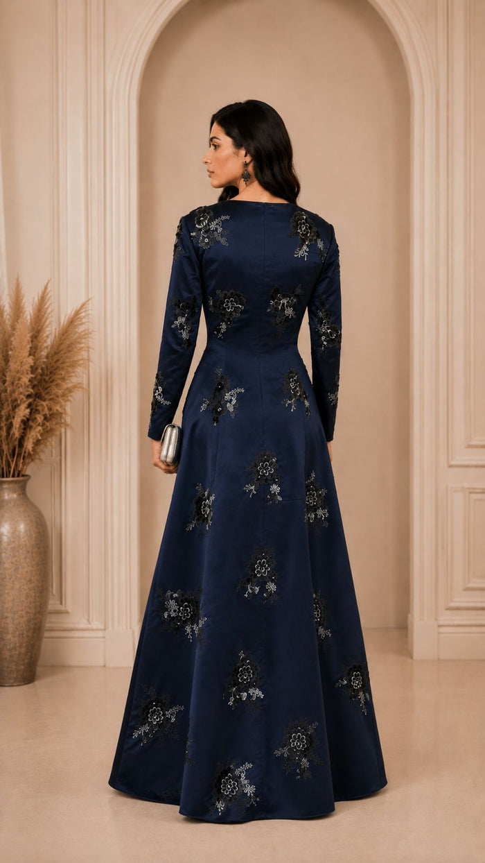 Floral Embroidered Satin Evening Gown - NOLE