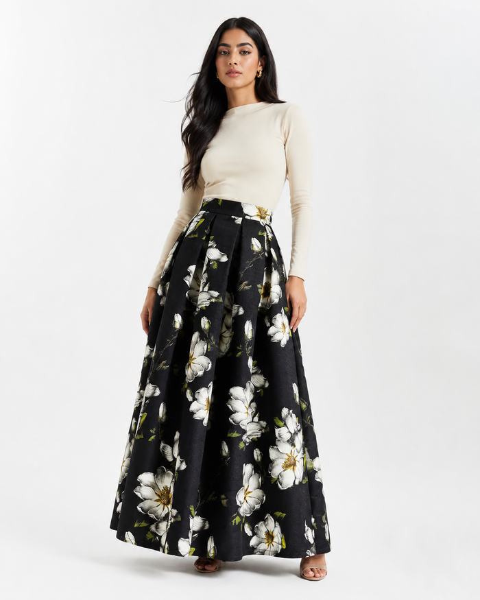 Floral High-Waisted A-Line Midi Skirt - Bloom