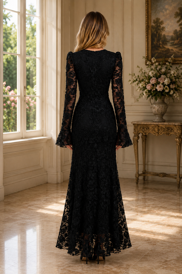 Floral Lace Mermaid Maxi Dress - Noir