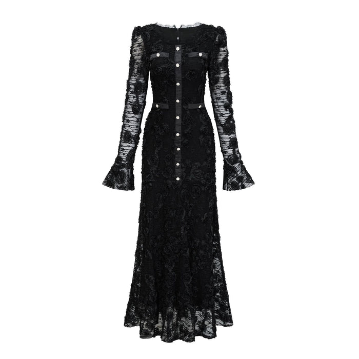 Floral Lace Mermaid Maxi Dress - Noir