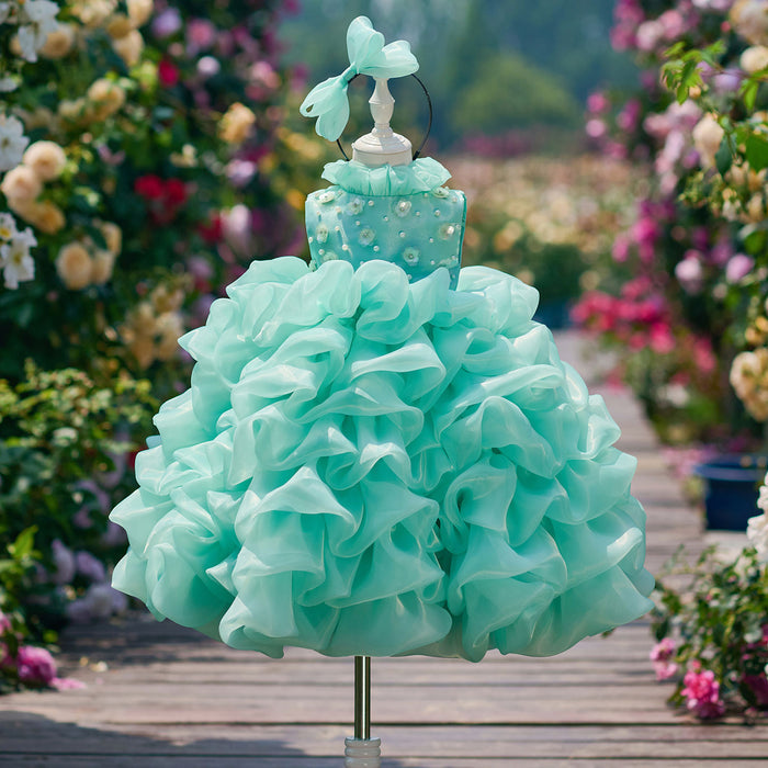 Flower Girl Dress with Pearl Necklin Fluffy Tiered Ruffle Tulle Birthday Pageant Gown D358