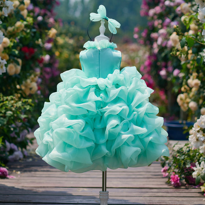 Flower Girl Dress with Pearl Necklin Fluffy Tiered Ruffle Tulle Birthday Pageant Gown D358