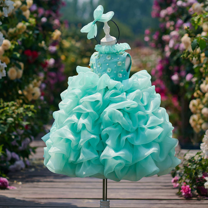 Flower Girl Dress with Pearl Necklin Fluffy Tiered Ruffle Tulle Birthday Pageant Gown D358