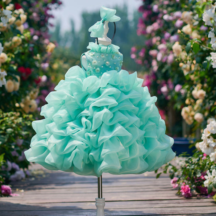 Flower Girl Dress with Pearl Necklin Fluffy Tiered Ruffle Tulle Birthday Pageant Gown D358