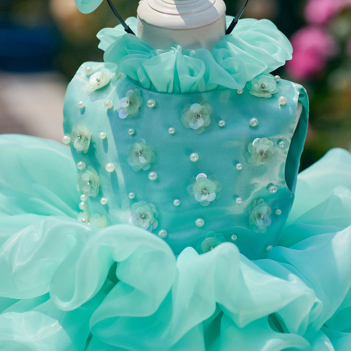 Flower Girl Dress with Pearl Necklin Fluffy Tiered Ruffle Tulle Birthday Pageant Gown D358