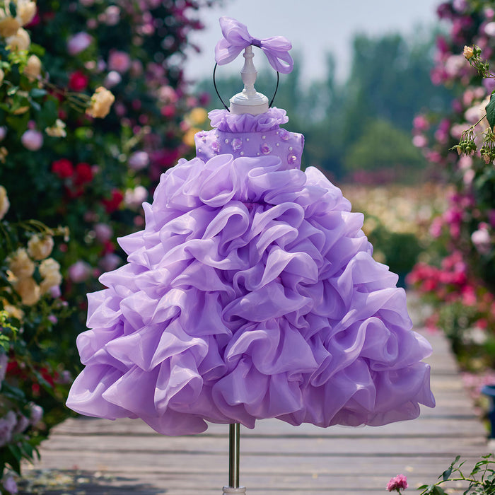 Flower Girl Dress with Pearl Necklin Fluffy Tiered Ruffle Tulle Birthday Pageant Gown D358