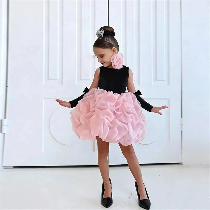 Flower Girl Dress with Rose Bud Skirt Velvet Bodice Girls Christmas Wedding Party Gown M078