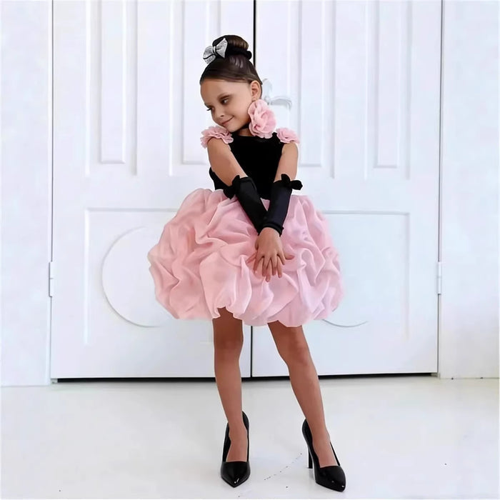 Flower Girl Dress with Rose Bud Skirt Velvet Bodice Girls Christmas Wedding Party Gown M078