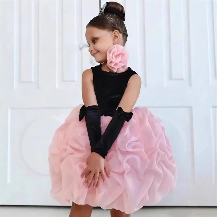 Flower Girl Dress with Rose Bud Skirt Velvet Bodice Girls Christmas Wedding Party Gown M078