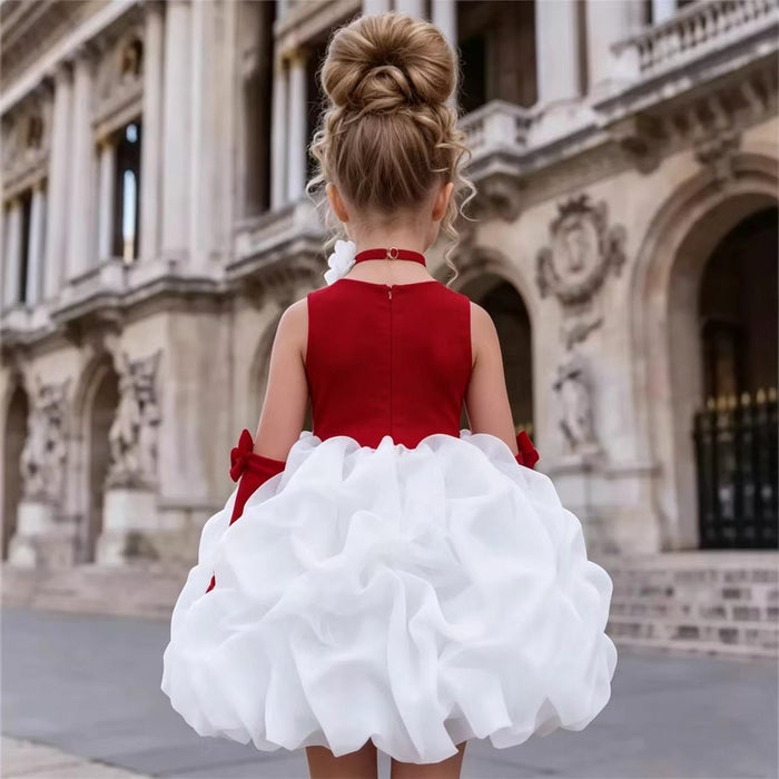 Flower Girl Dress with Rose Bud Skirt Velvet Bodice Girls Christmas Wedding Party Gown M078