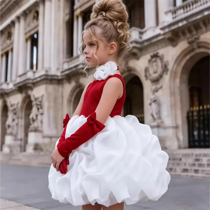Flower Girl Dress with Rose Bud Skirt Velvet Bodice Girls Christmas Wedding Party Gown M078