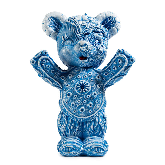 Blue edition Free Hugs Bear art figure by Frank Kozik, vinyl collectible sculpture with detailed features and vibrant blue color.
