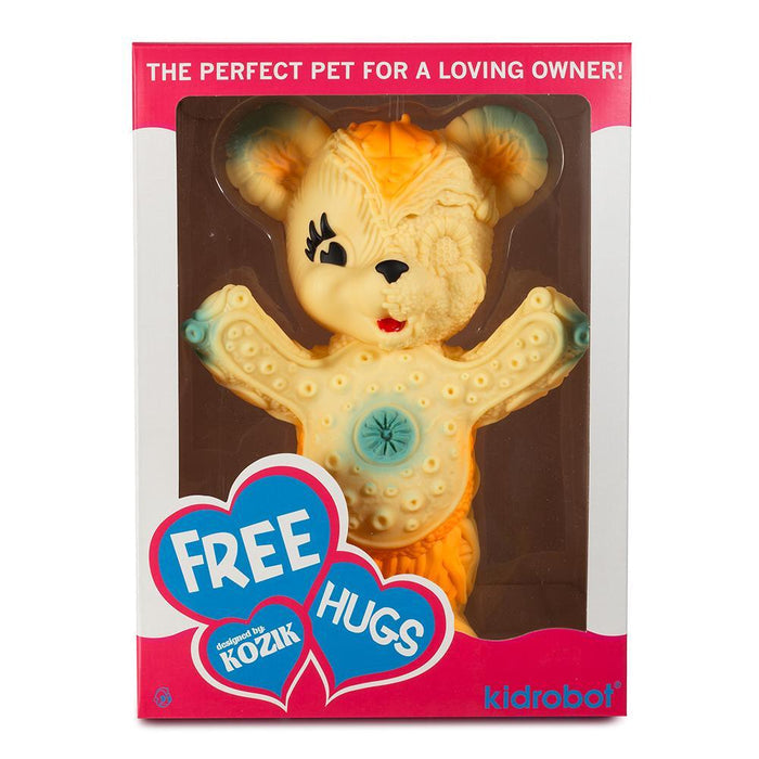 Orange edition Free Hugs Bear art figure by Frank Kozik, limited to 500, featuring vibrant vinyl design and detailed craftsmanship.