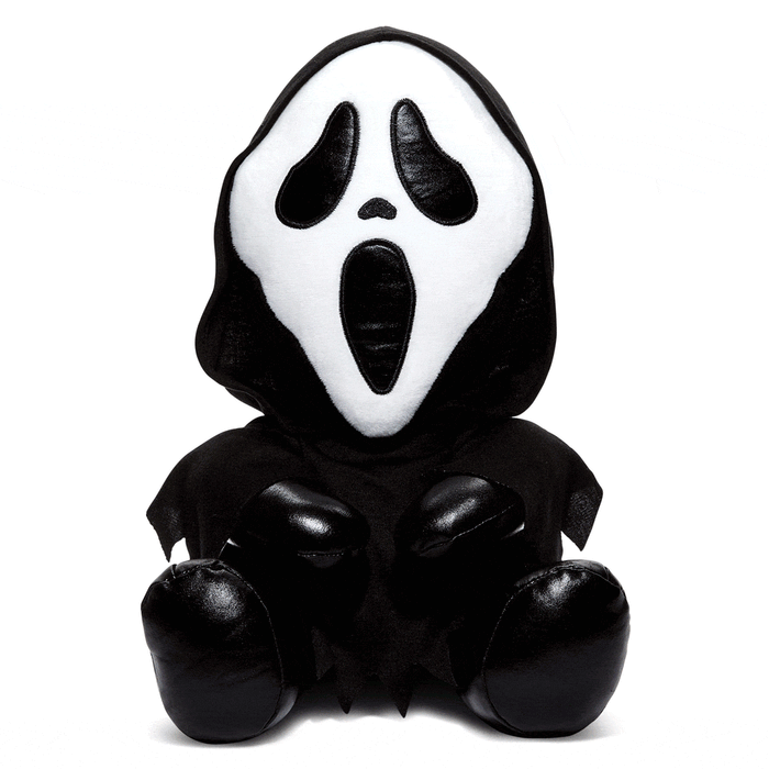 Ghost Face 16-inch Shake Action Plush by Kidrobot showing the spooky Ghost Face character with shaking action and soft plush texture.