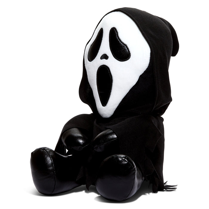 Ghost Face 16-inch Shake Action Plush by Kidrobot, soft plush toy with expressive face and shake feature, perfect for collectors and fans.