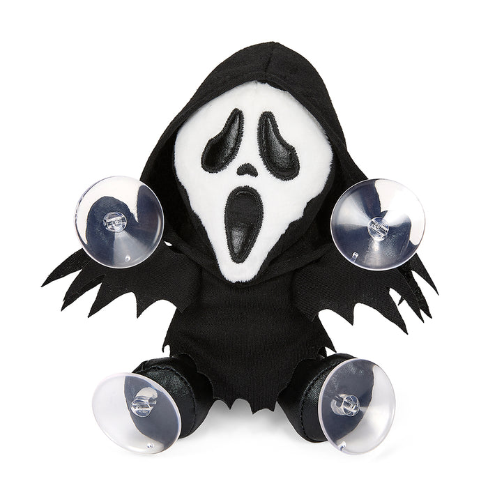 Ghost Face 6-inch plush window clinger with suction cups, soft Halloween decoration featuring the iconic ghost face character.