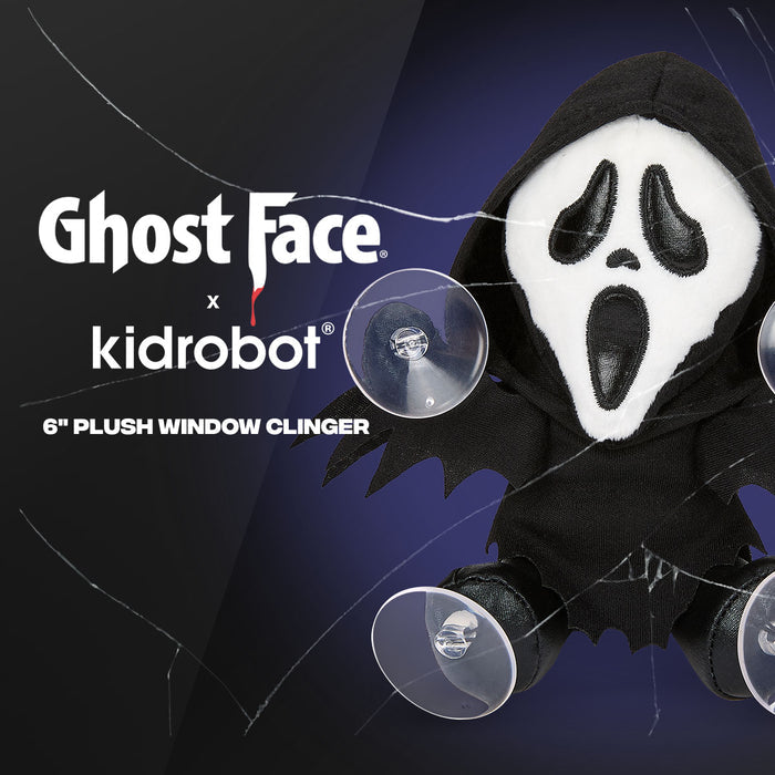 Ghost Face 6-inch plush window clinger featuring a spooky ghost face design for Halloween or spooky decor.