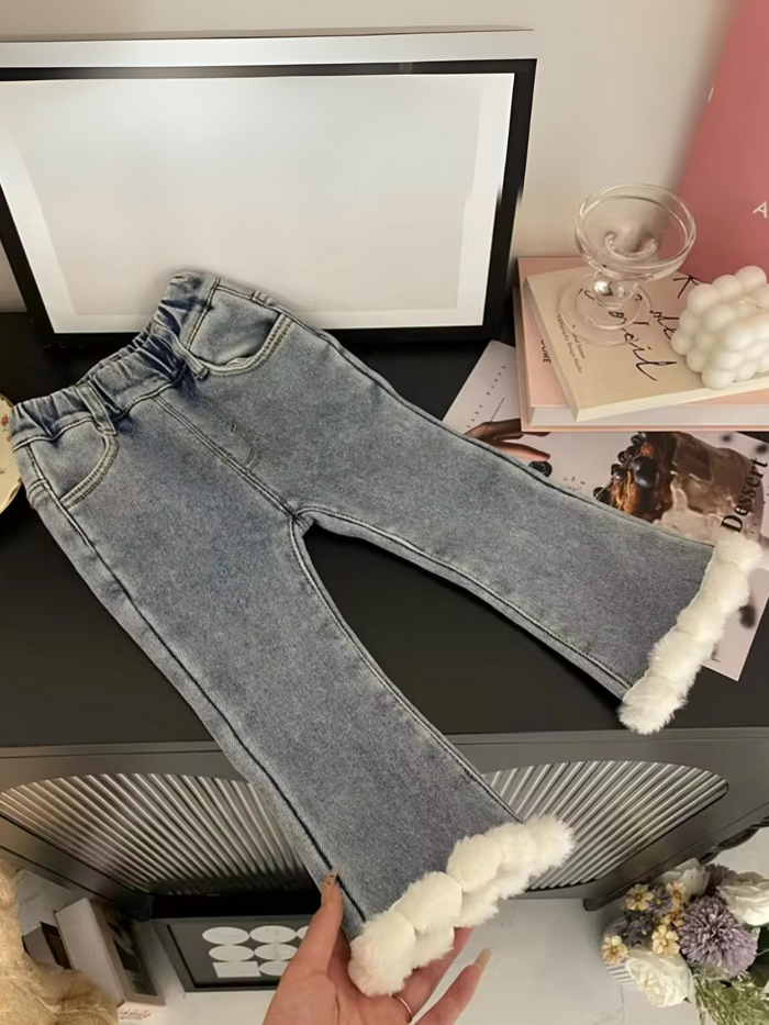Girls Fashionable Denim Pants with Fur Trim Mia Belle Girls