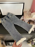 Girls Fashionable Denim Pants with Fur Trim Mia Belle Girls