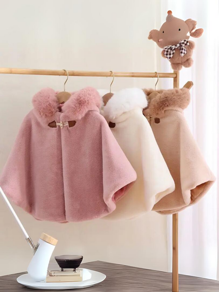 Girls Luxurious Plush Faux Fur Hooded Cape Coat  | preppy clothes, preppy clothing, preppy brands, preppy girl, preppy clothing, baby girl fall outfits, girls fall outfits, fall outfits for baby gir, fall dress, baby girl fall clothes