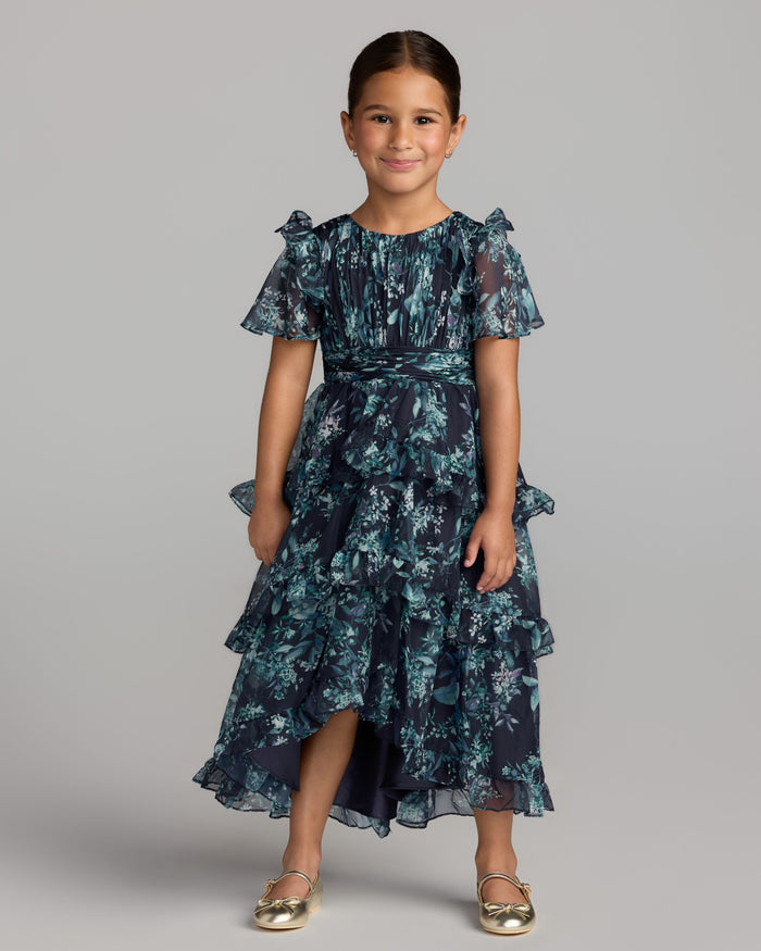 Girls Navy Floral Chiffon Tiered Ruffle Dress Mac Duggal