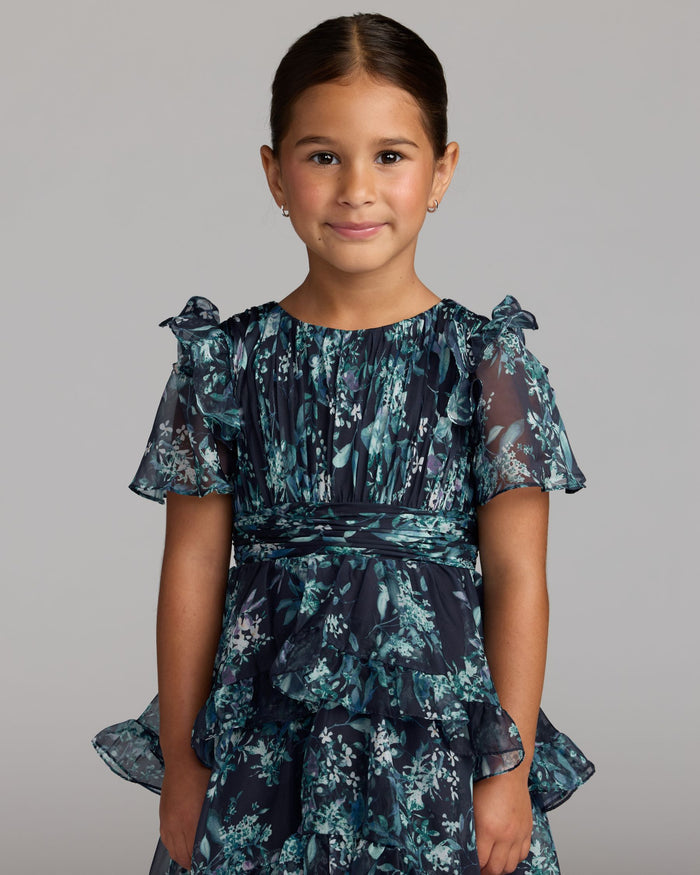 Girls Navy Floral Chiffon Tiered Ruffle Dress Mac Duggal
