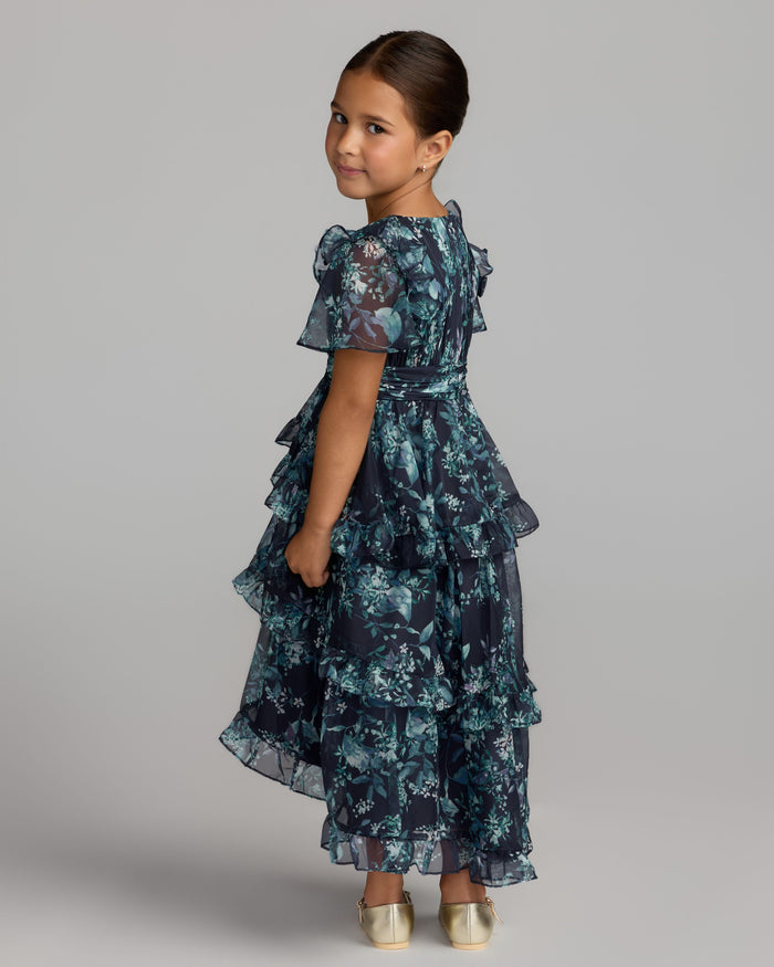 Girls Navy Floral Chiffon Tiered Ruffle Dress Mac Duggal