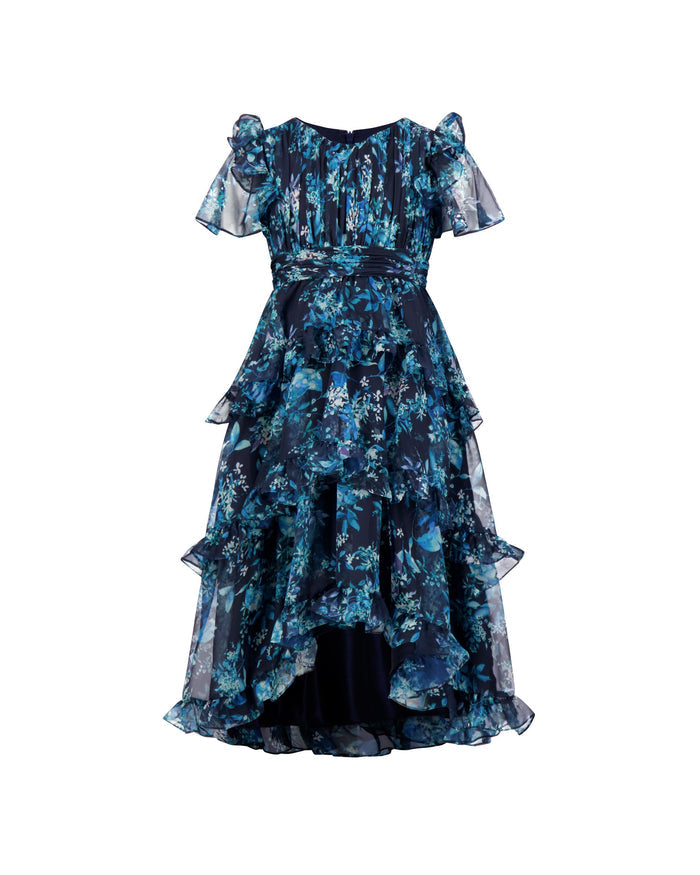 Girls Navy Floral Chiffon Tiered Ruffle Dress Mac Duggal