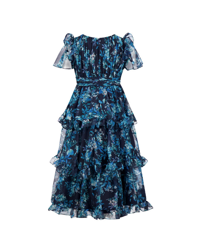 Girls Navy Floral Chiffon Tiered Ruffle Dress Mac Duggal