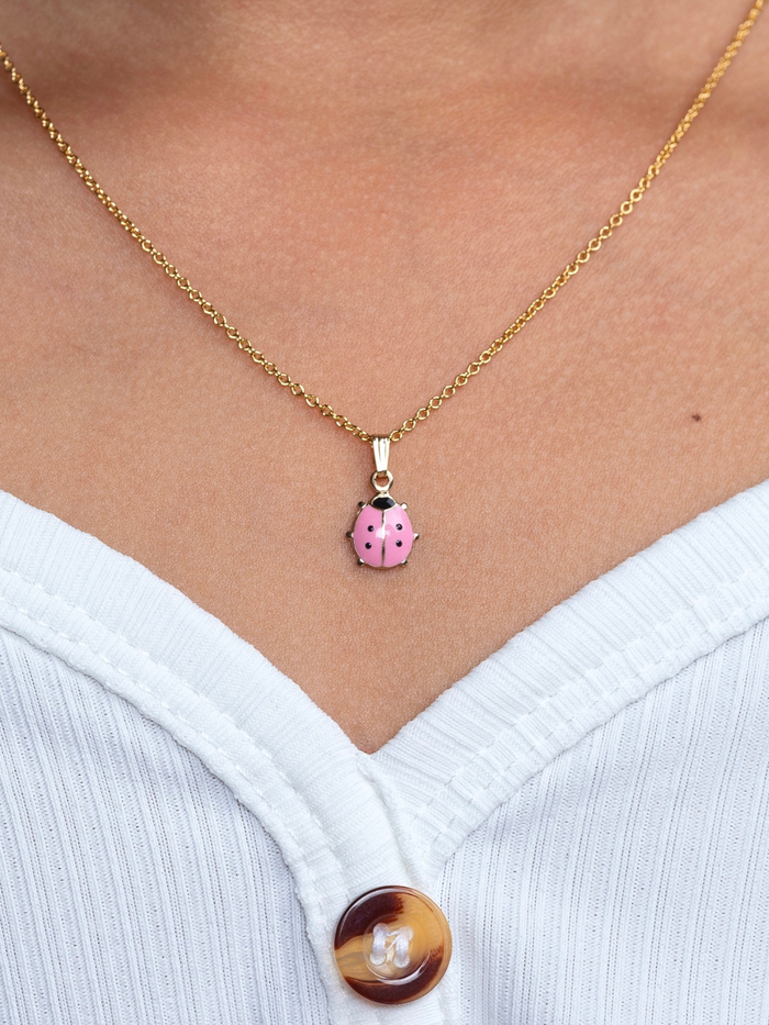 Girls Premium 14k Gold Pink Ladybug Pendant Necklace